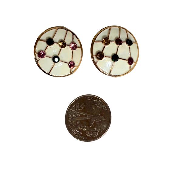 White and Rhinestone Statement Earrings Enamel Retro Vintage Mulitcolor Studs - Picture 4 of 5